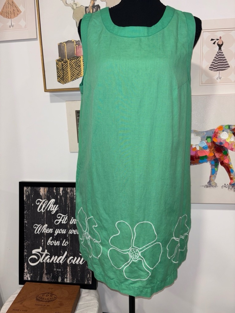 Sleeveless Green Embroidered Asymmetrical Shift Dress